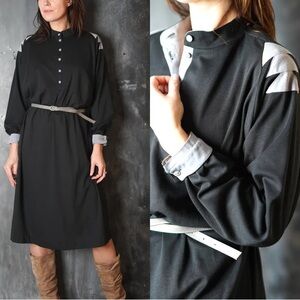 Vintage 80s Black Midi Dress with Grey Accents